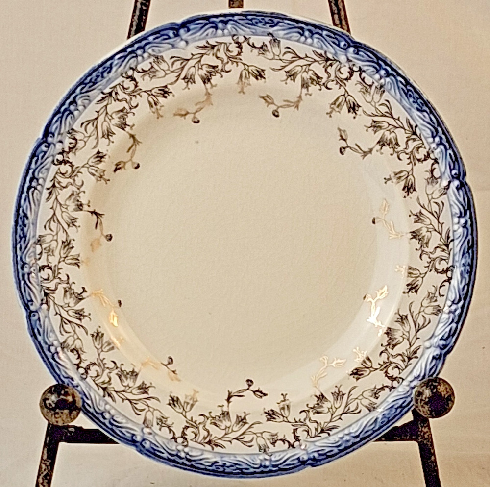 Vintage American Blue Transferware Plate 22 Carat Gold Scalloped Rim Floral Swag